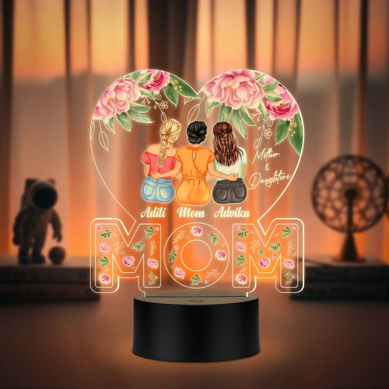 Personalized Mom with Two Daughters Acrylic LED Lamp with UV Print – Warm White Night Light Mother’s Day Gift